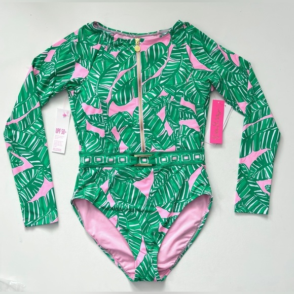 Lilly Pulitzer TORETTA RASHGUARD  CONCH SHELL PINK LETS GO BANANAS ENGINEERED 10 - Picture 7 of 11